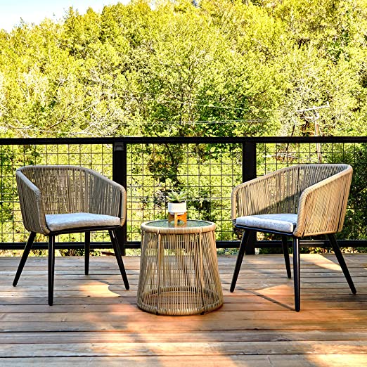 17037647-12F5-7008-3CFC-174AD31E22D4 Patio Furniture Set, 3-Piece Outside Bistro Set Handwoven Rattan Wicker Chairs with Waterproof Cushions, Tempered Glass Table, Outdoor Conversation Set for Porch, Brown & Light Grey - Image 1